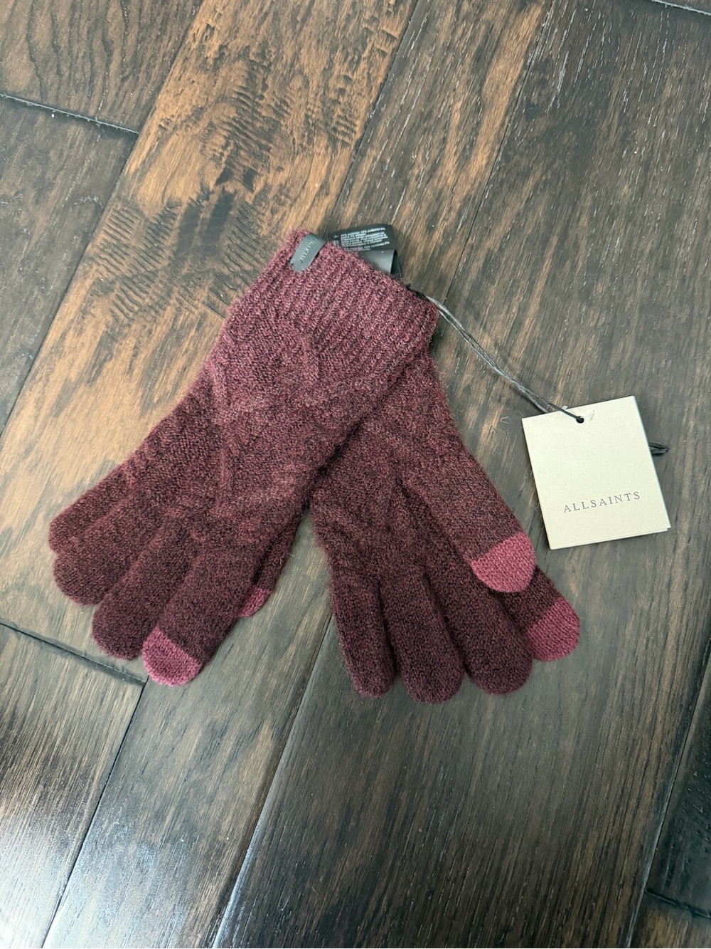 Allsaints CABLE GLOVES TAWNY PORT RED NWT